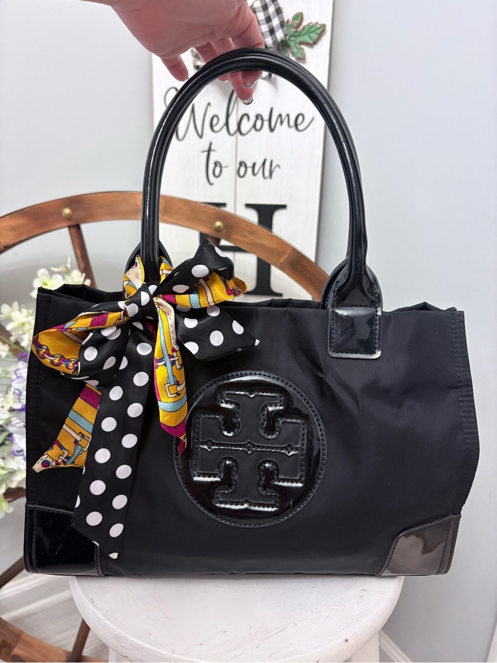 🖤 TORY BURCH Black Small Ella Nylon Tote with Patent Logo & tan interior